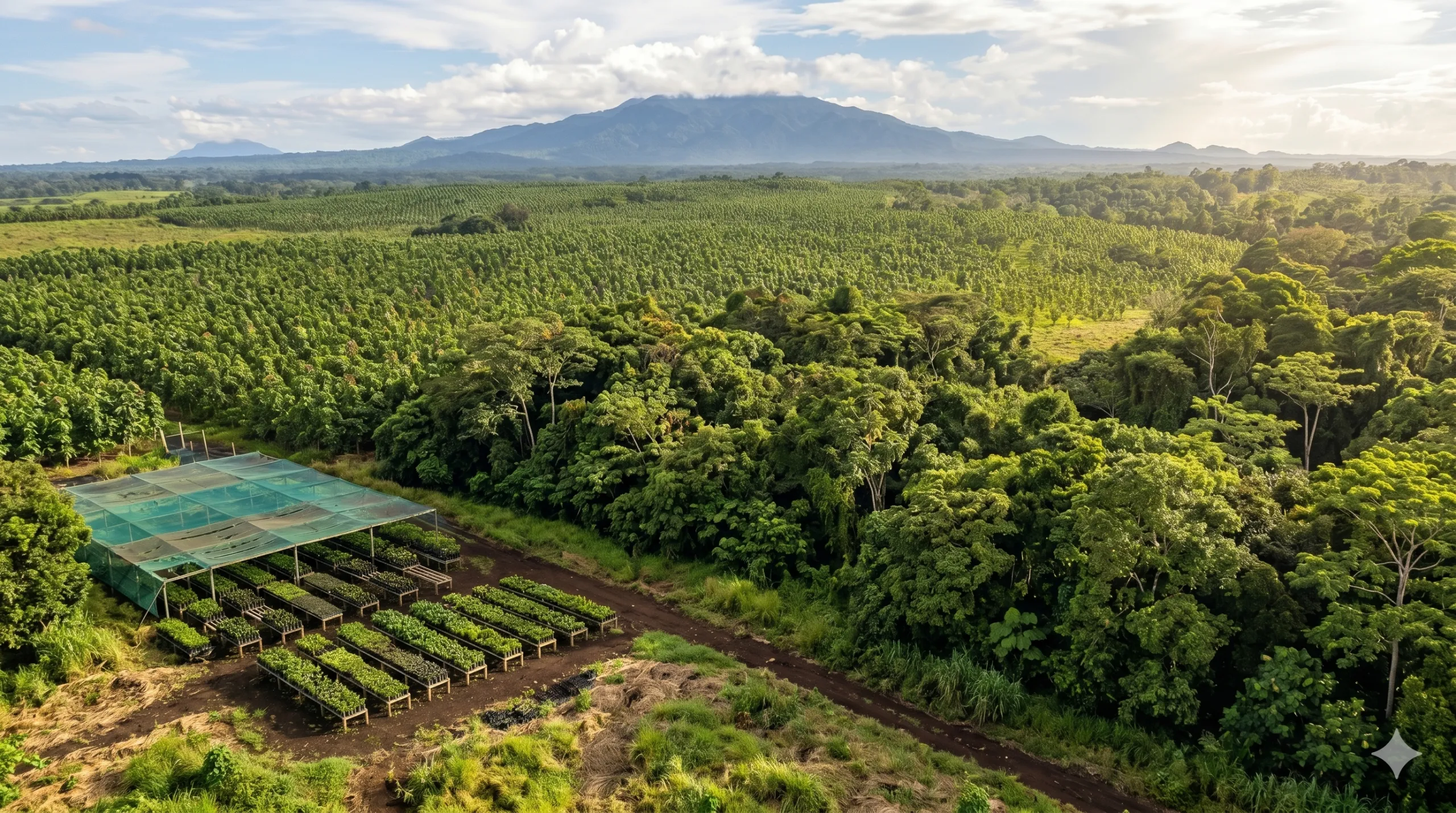 Aerial view of plantation rows below a mountain range