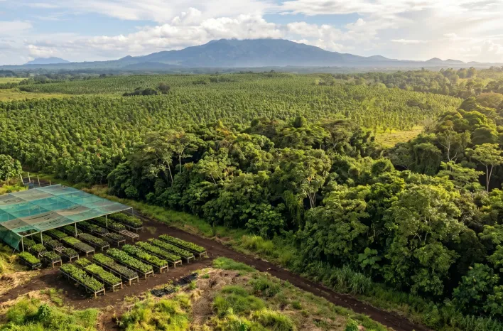 Aerial view of plantation rows below a mountain range